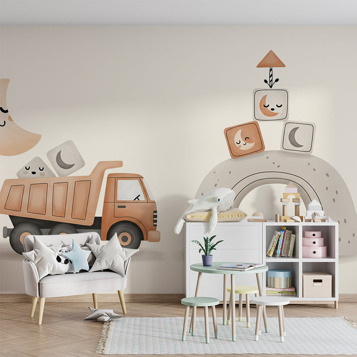 Papier peint chambre bébé | Camion de chantier et blocs de construction amusants