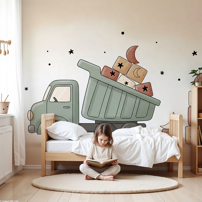 Papier peint chambre bébé | Camion de chantier et blocs de construction colorés