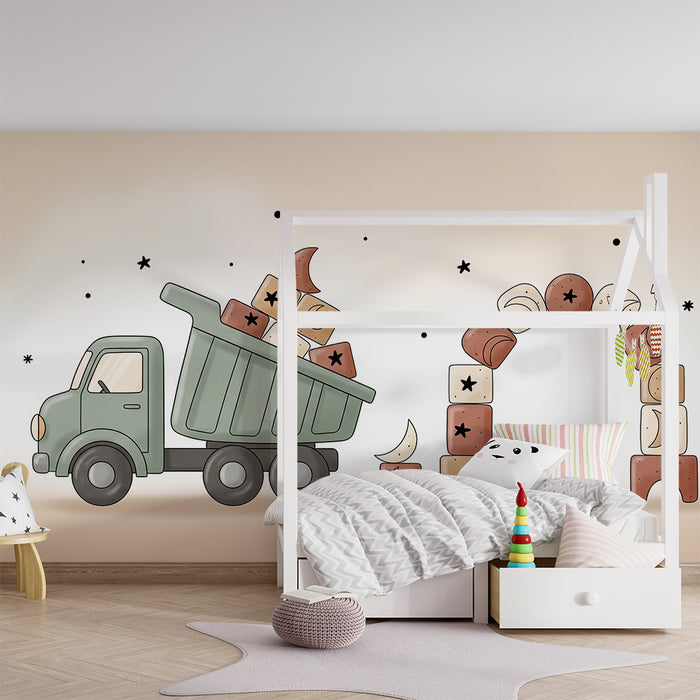 Papier peint chambre bébé | Camion de chantier et blocs de construction colorés