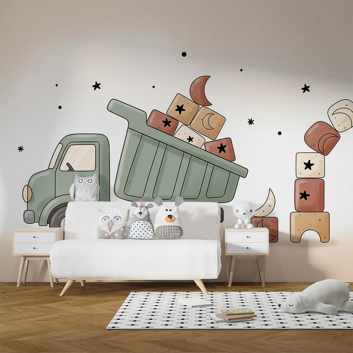 Papier peint chambre bébé | Camion de chantier et blocs de construction colorés