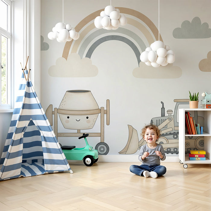 Baby boy's bedroom wallpaper | Construction truck and soft clouds under a pastel rainbow