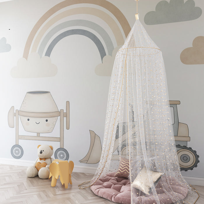 Baby boy's bedroom wallpaper | Construction truck and soft clouds under a pastel rainbow