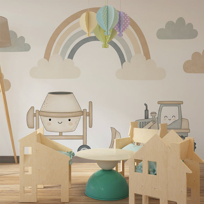 Baby boy's bedroom wallpaper | Construction truck and soft clouds under a pastel rainbow