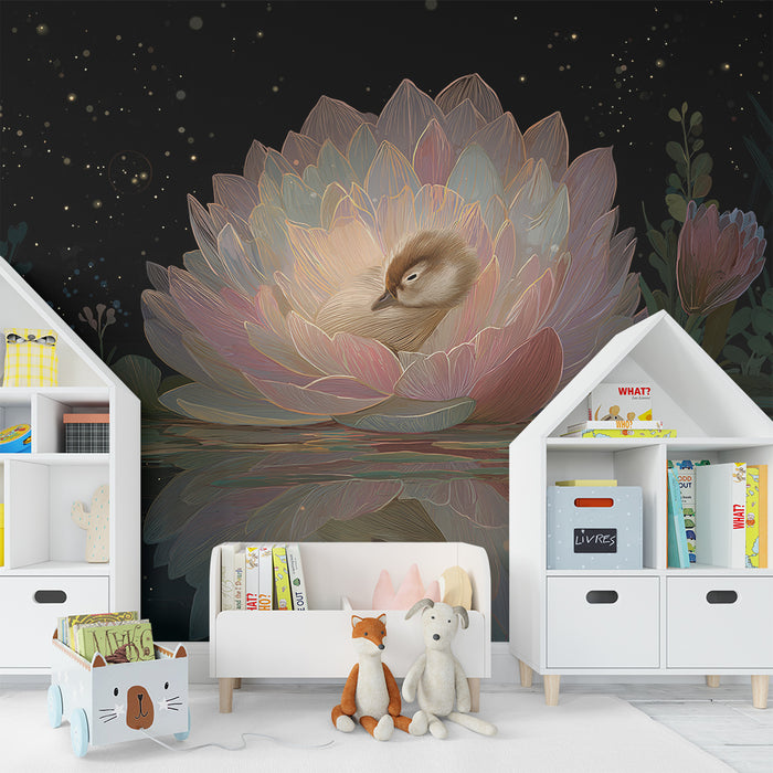 Barntapet | Sovande anka i en lotusblomma under en stjärnklar himmel