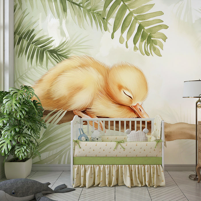 Babykamer behang | Slapende eend op een tak omringd door tropisch bladgroen