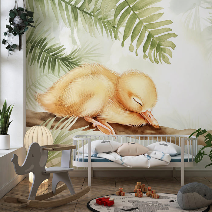 Babykamer behang | Slapende eend op een tak omringd door tropisch bladgroen