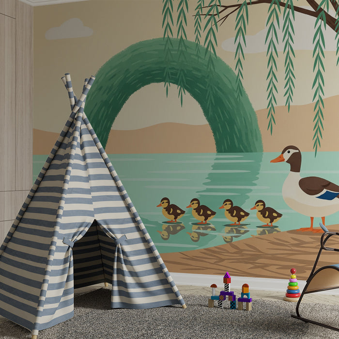 Barntapet | Anka och hennes ankungar vid vattnet