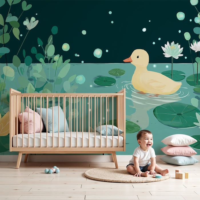 Børneværelse tapet | Guland og vandliljer i en fredelig dam