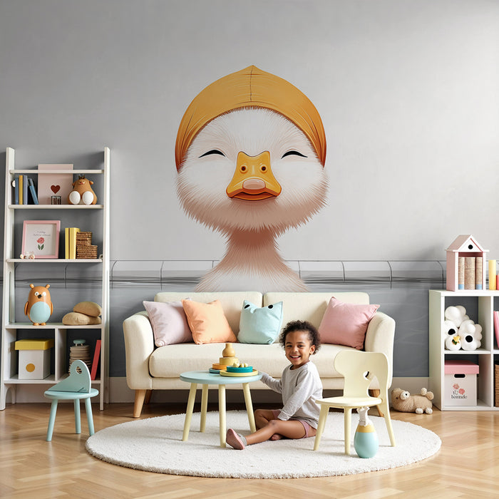Papier peint chambre bébé | Canard joyeux dans l'eau avec un bonnet orange