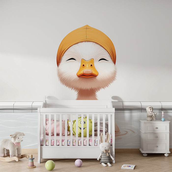 Papier peint chambre bébé | Canard joyeux dans l'eau avec un bonnet orange