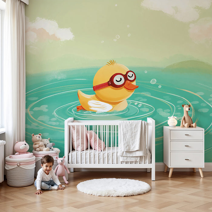 Babykamer behang | Vrolijke eend zwemt in een rustige vijver