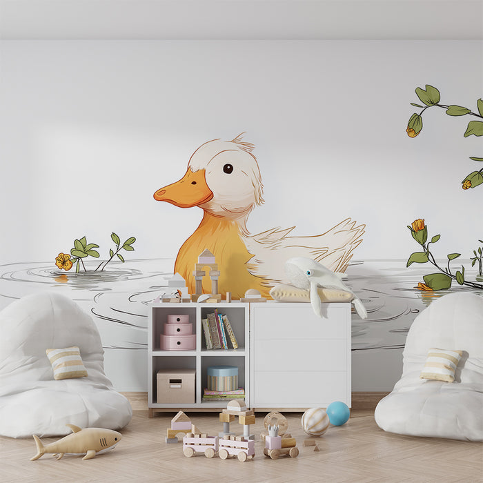 Babykamer behang | Vrolijke eend zwemmend tussen de bloemen