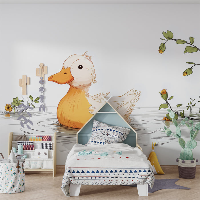 Babykamer behang | Vrolijke eend zwemmend tussen de bloemen