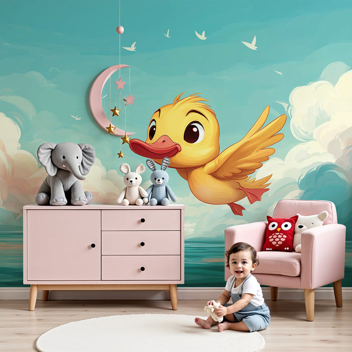 Papier peint chambre bébé | Canard joyeux volant dans le ciel