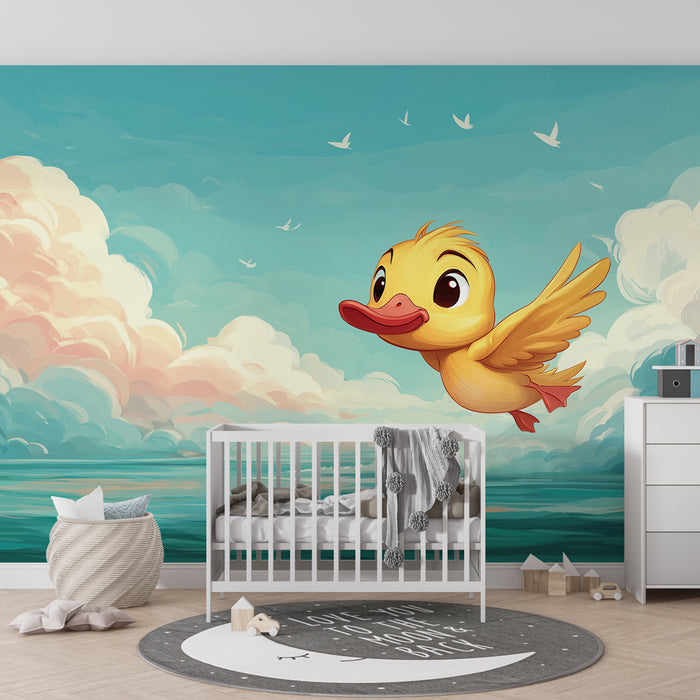 Papier peint chambre bébé | Canard joyeux volant dans le ciel