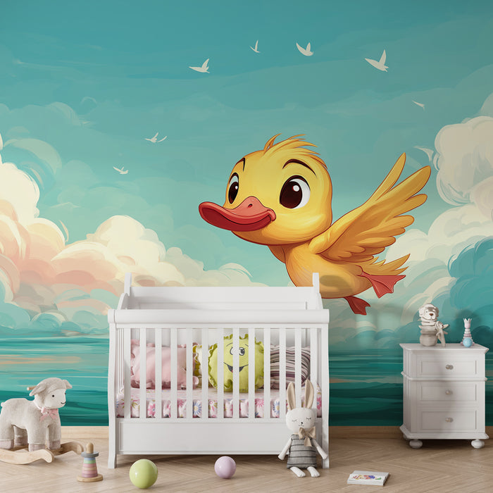Papier peint chambre bébé | Canard joyeux volant dans le ciel