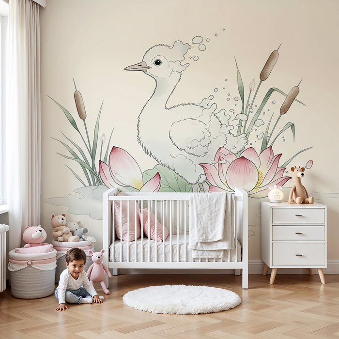 Papier peint chambre bébé | Canard mignon au milieu des lotus