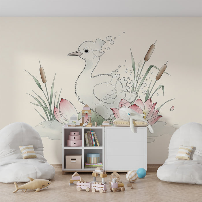 Papier peint chambre bébé | Canard mignon au milieu des lotus