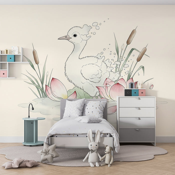 Papier peint chambre bébé | Canard mignon au milieu des lotus
