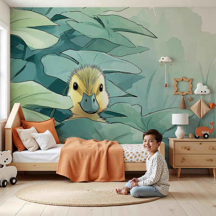 Nursery room wallpaper | Cute duck hidden among green leaves