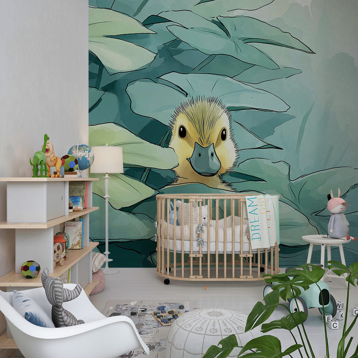 Nursery room wallpaper | Cute duck hidden among green leaves