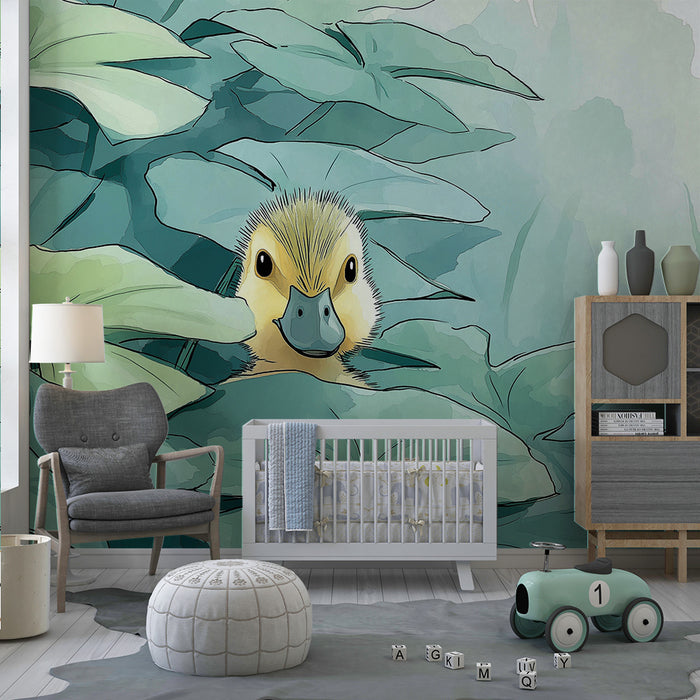 Nursery room wallpaper | Cute duck hidden among green leaves