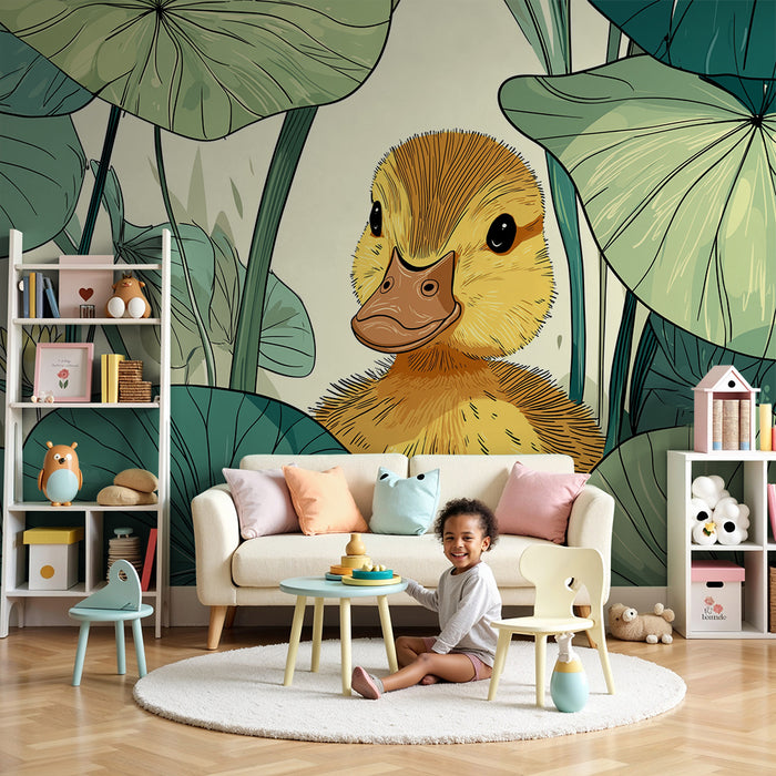 Papel pintado infantil | Lindo pato escondido entre los nenúfares