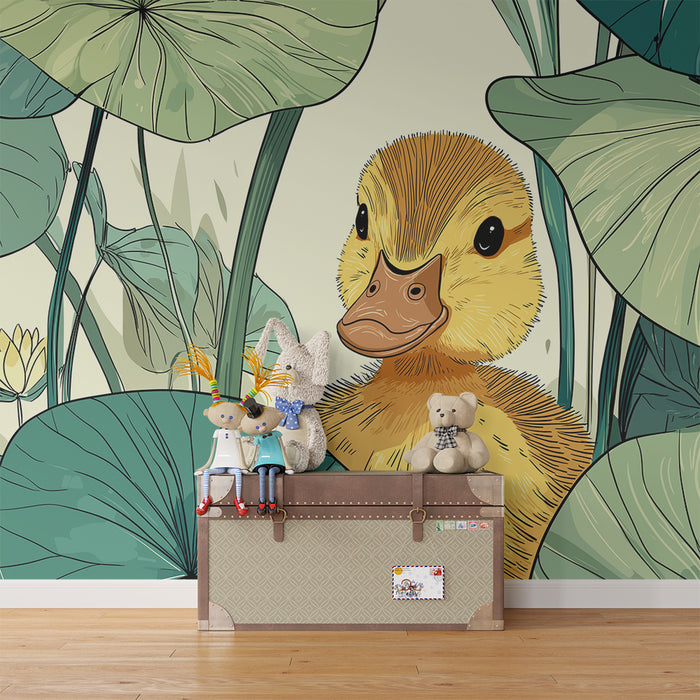 Papel pintado infantil | Lindo pato escondido entre los nenúfares