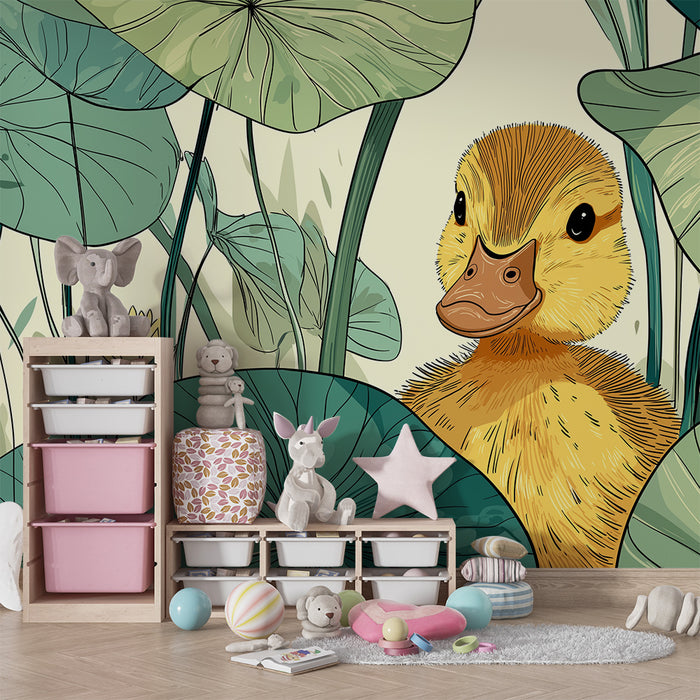 Papel pintado infantil | Lindo pato escondido entre los nenúfares