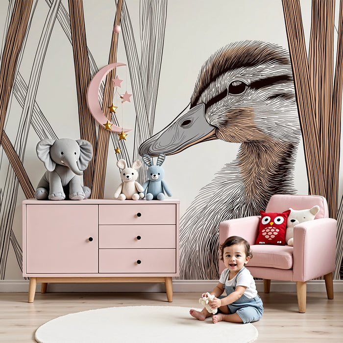 Nursery room wallpaper | Cute duck hidden among the reeds