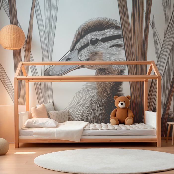 Nursery room wallpaper | Cute duck hidden among the reeds