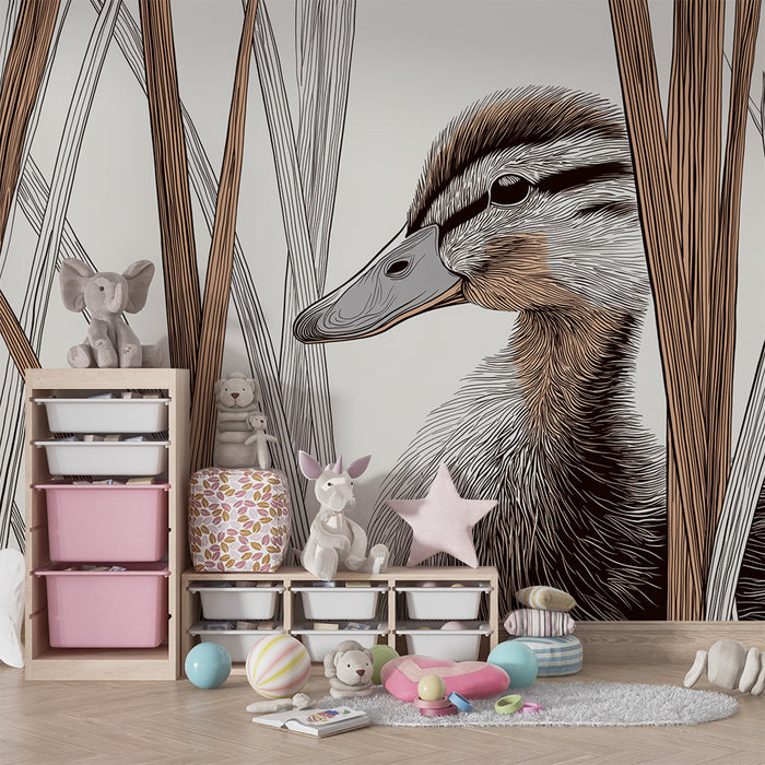 Nursery room wallpaper | Cute duck hidden among the reeds
