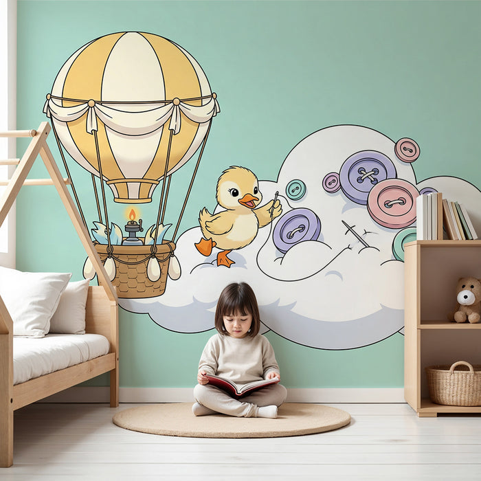 Nursery Wallpaper | Cute Duck in a Hot Air Balloon Above the Clouds