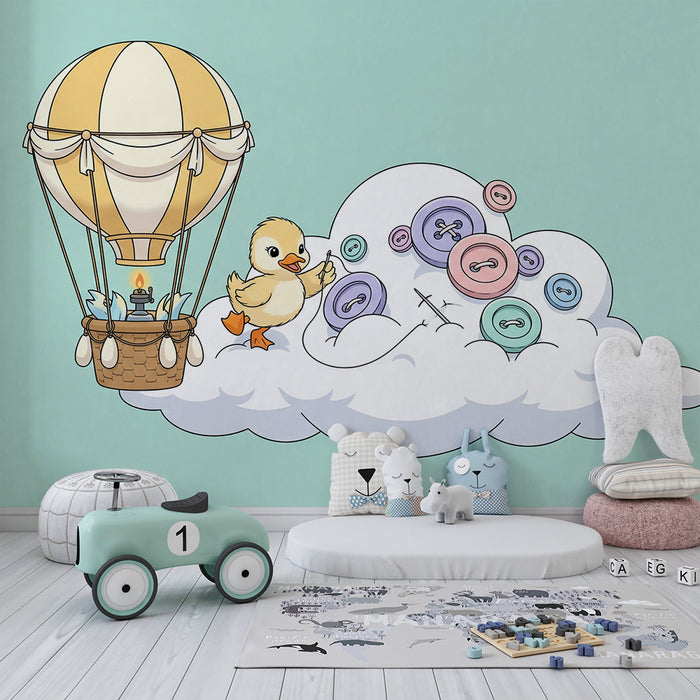 Nursery Wallpaper | Cute Duck in a Hot Air Balloon Above the Clouds