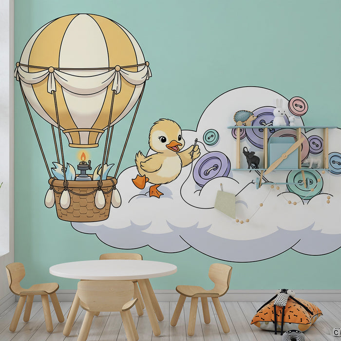 Nursery Wallpaper | Cute Duck in a Hot Air Balloon Above the Clouds