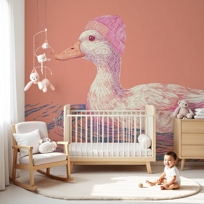 Lastenhuoneen tapetti | Söpö ankka pipossa vaaleanpunaisella taustalla