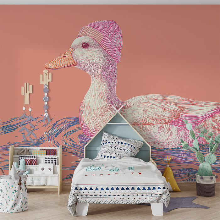 Lastenhuoneen tapetti | Söpö ankka pipossa vaaleanpunaisella taustalla