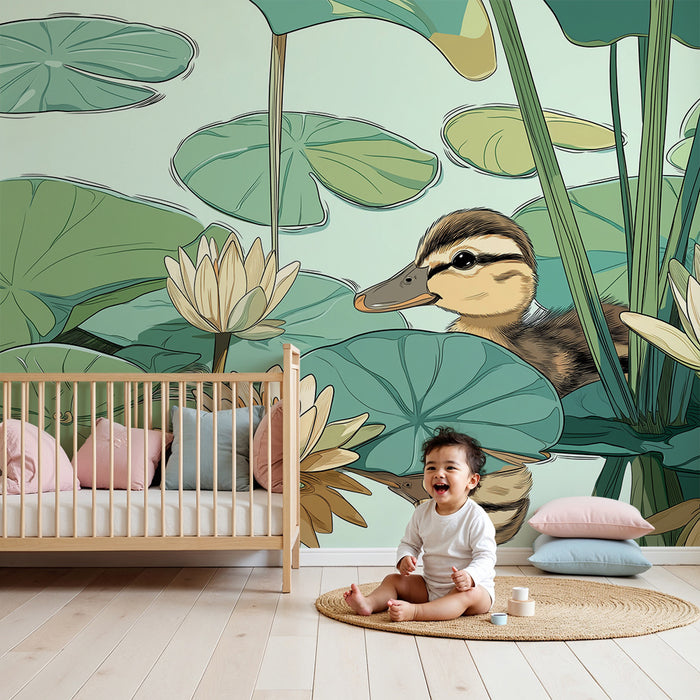 Nursery room wallpaper | Cute duck among water lilies and green leaves