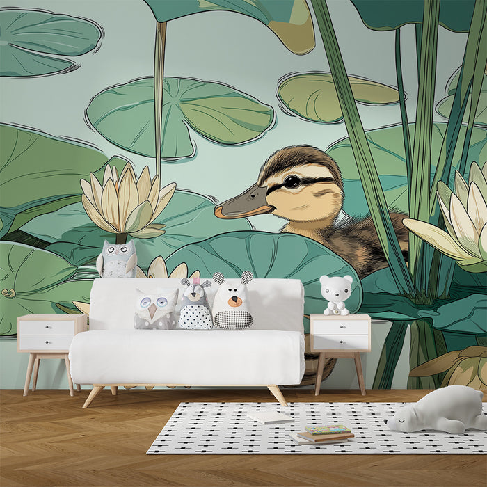 Nursery room wallpaper | Cute duck among water lilies and green leaves