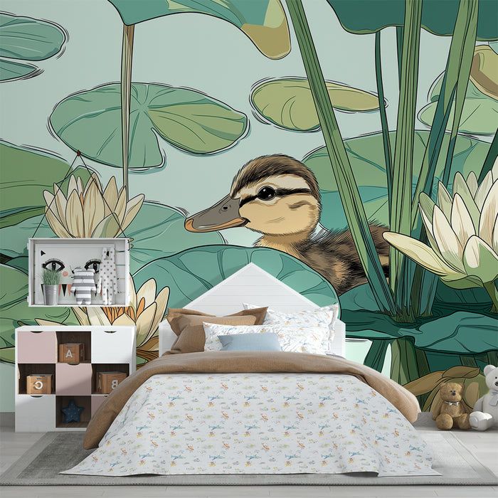 Nursery room wallpaper | Cute duck among water lilies and green leaves