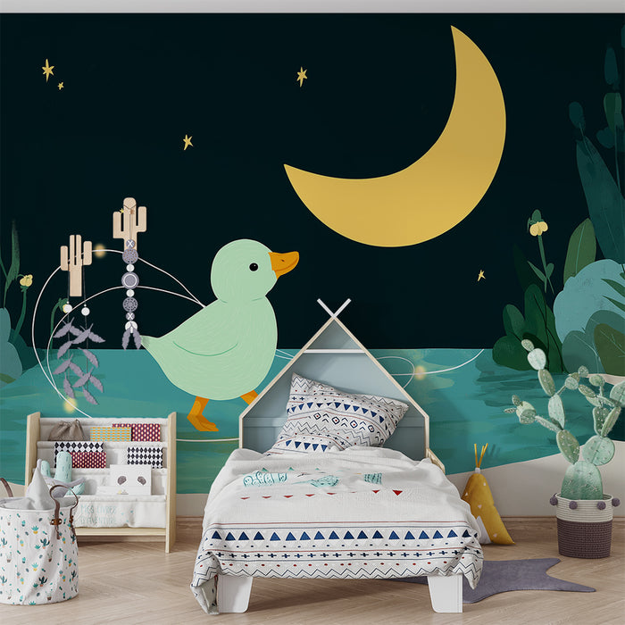 Tapet barnerom | Søt and under månen med blomster og stjerner