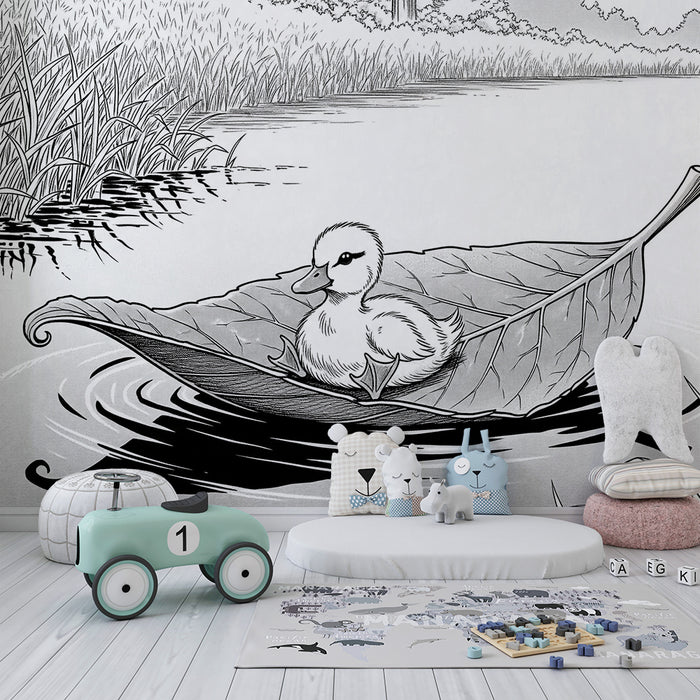 Papier peint chambre bébé | Canard mignon sur une feuille flottante