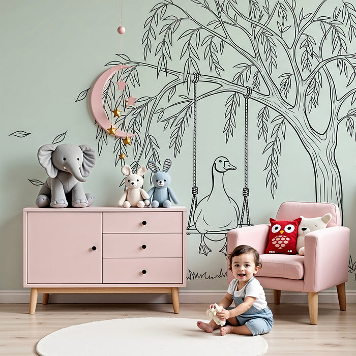 Papel pintado para habitación infantil | Pato en un columpio bajo un sauce llorón