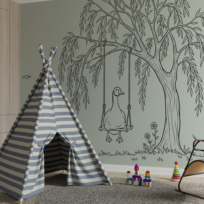 Papel pintado para habitación infantil | Pato en un columpio bajo un sauce llorón