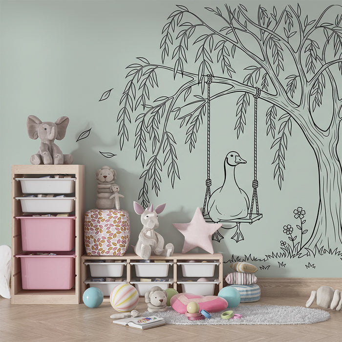Papel pintado para habitación infantil | Pato en un columpio bajo un sauce llorón