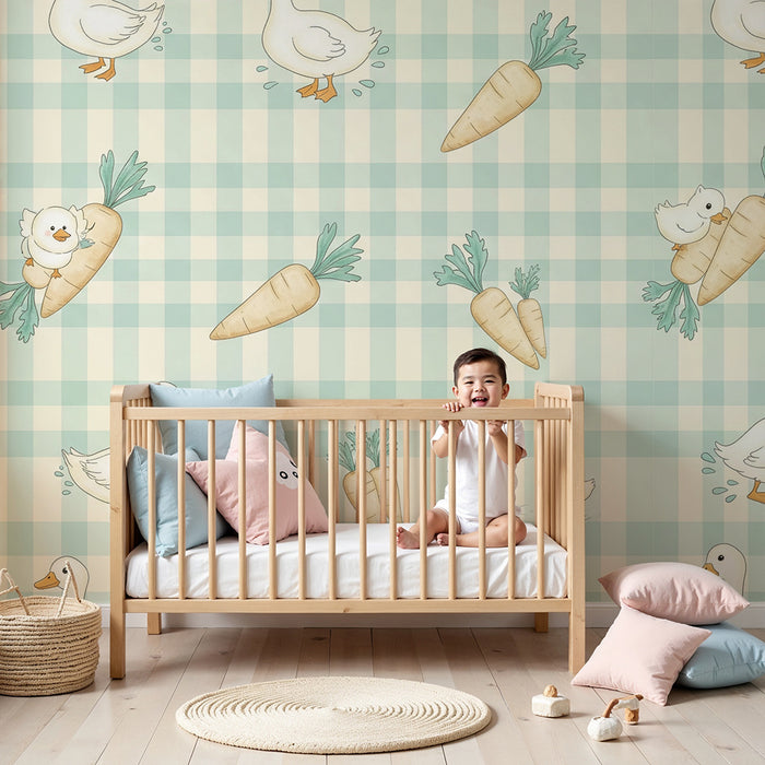 Papier peint chambre bébé | Canards amusants et carottes sur fond vichy