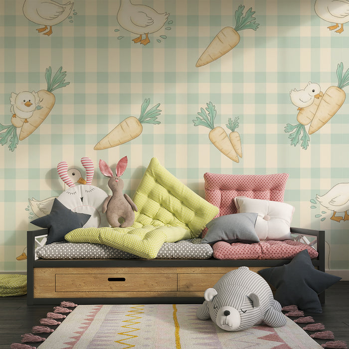 Papier peint chambre bébé | Canards amusants et carottes sur fond vichy