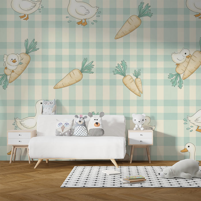 Papier peint chambre bébé | Canards amusants et carottes sur fond vichy
