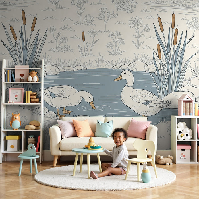 Papel de parede para quarto de bebé | Patos à beira de um lago rodeado de flores