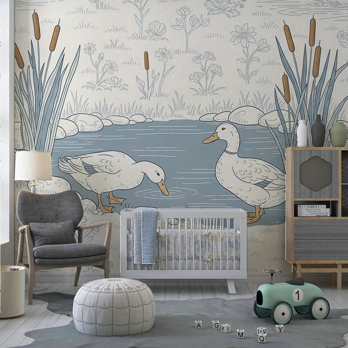 Papel de parede para quarto de bebé | Patos à beira de um lago rodeado de flores
